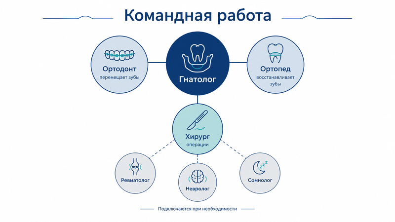 Зачем гнатолог работает вместе с ортодонтом, ортопедом и хирургом